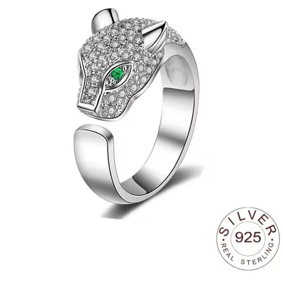 Jewelry - Sterling Silver Panther Adjustable Ring with Green Eyes